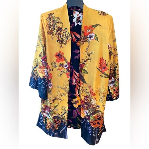Japanese Designed Reversible Black Yellow Floral Glamorous Kimono Duster Jacket - Picture 4 of 9